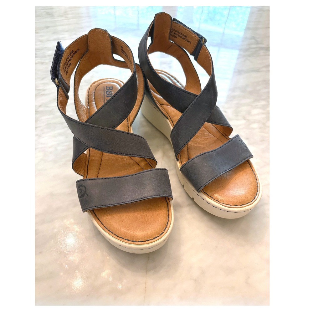 Born Leather Strappy Wedge Sandals Navy Blue Comfort Hook Loop Womens 8M